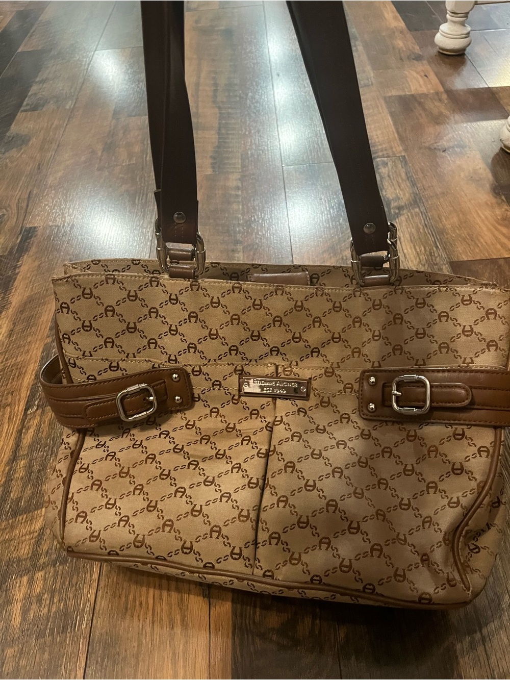 Etienne Aigner Brown Monogram Tote Bag with Leather Trim